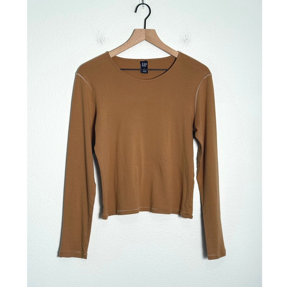 GAP Long Sleeve Top Earthy Brown Minimalist Contrast Stitch Cotton Crew Neck L